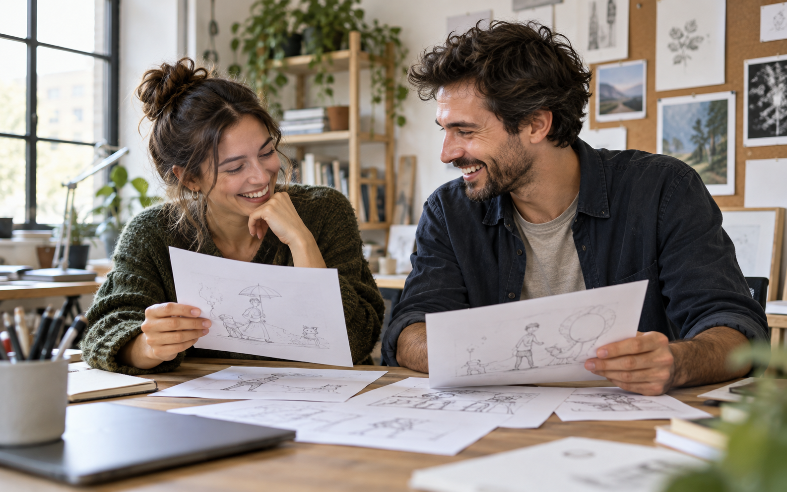 Dos colegas se ríen mientras revisan dibujos e ideas para adaptar una pieza humorística.