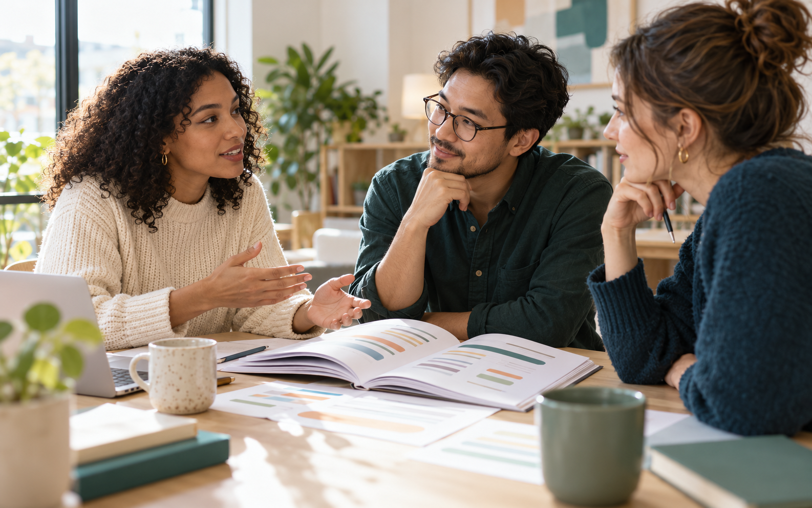 Un equipo conversa y revisa una guía visual de lenguaje inclusivo.