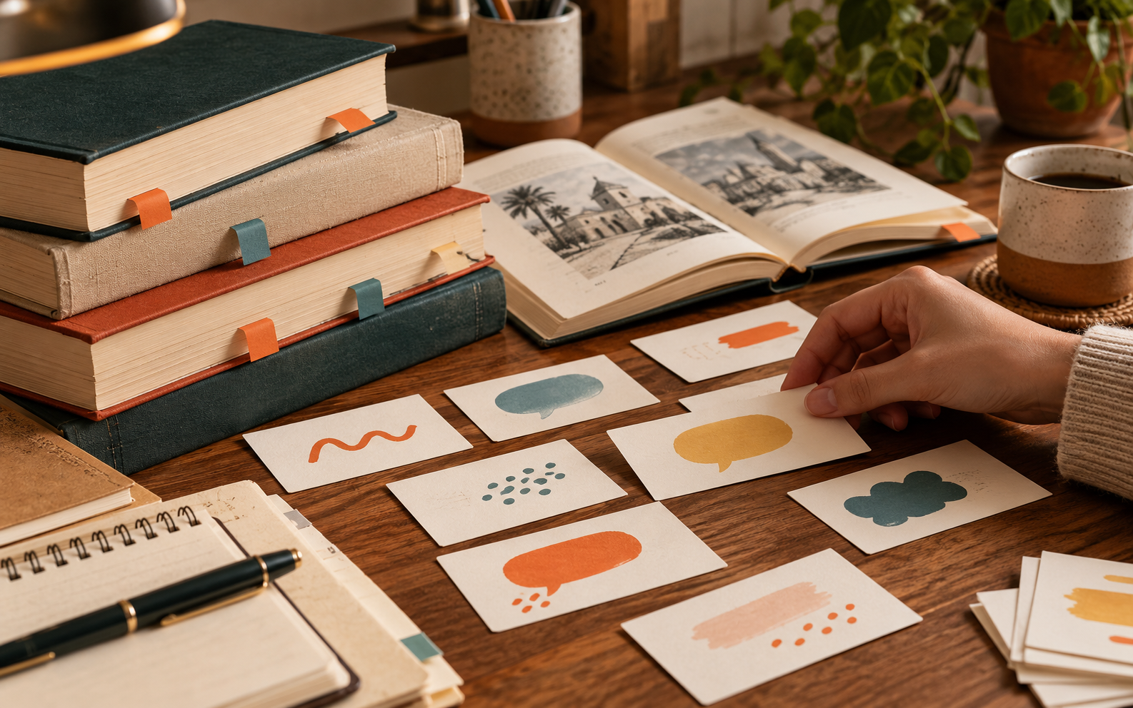 Libros y tarjetas ilustradas representan palabras y expresiones de distintas regiones.